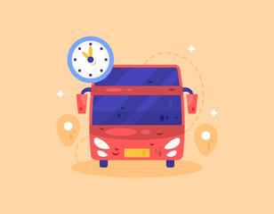 Bus arrival time and schedule information provider concept. Illustration of a red bus with a clock. Services and support. Public transportation. Flat style. Orange background.