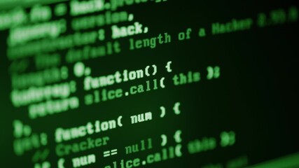 Close up of computer monitor screen with green programming code, hacker background, software development, cyber security, coding technologies and digital innovation concept - Powered by Adobe
