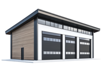 Modern car garage building with wood siding isolated on transparent background. Modern garage isolated on white background.