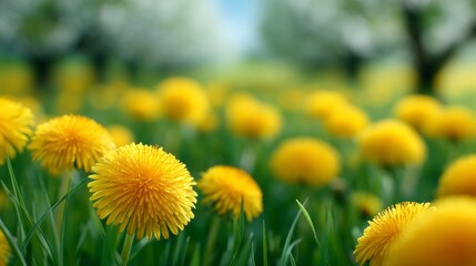 Naklejka premium Yellow dandelions fill the foreground of a peaceful spring landscape. Lush green grass surrounds the flowers while soft, blurred trees stand in the background, enhancing the tranquil setting