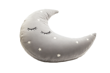 Cute crescent moon pillow with closed eyes and stars isolated on transparent background. Moon shaped decorative pillow isolated on white background.