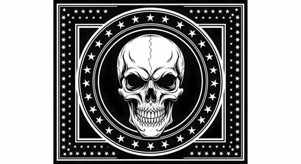 Fototapeta premium Intricate black and white artistic skull illustration with detailed patterns and stars, perfect for tattoos or edgy graphic design projects
