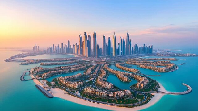 Expansive aerial view of a palm-shaped island and skyline at golden hour