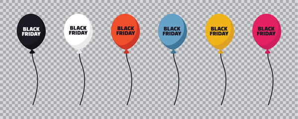 Black Friday balloons vector set. Colorful balloons with Black Friday text, transparent background, festive decoration for sale, discount, and shopping promotion