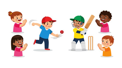 Kids cricket: a vibrant scene of young children, full of enthusiasm, engaged in a spirited game of cricket, set against a backdrop that showcases the joy of sport.
