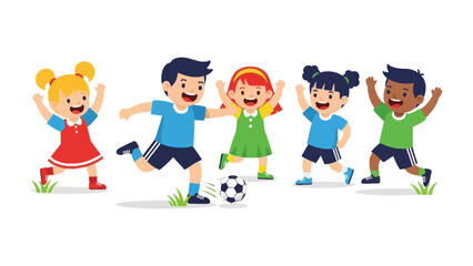 Kids in Motion: Cheerful children joyfully engage in a lively soccer game, embodying the spirit of camaraderie and active play. capturing energy of playful youth