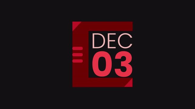 3rd December calendar icon animation. Alpha matte with transparent background 4K resolution.