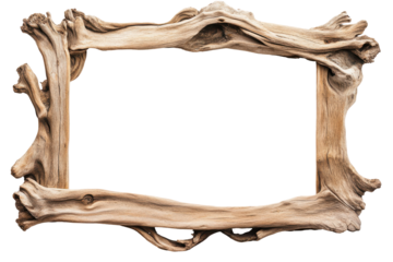 Rustic wooden frame made from natural branches isolated on transparent background. Old rustic driftwood wooden frame isolated on white background.