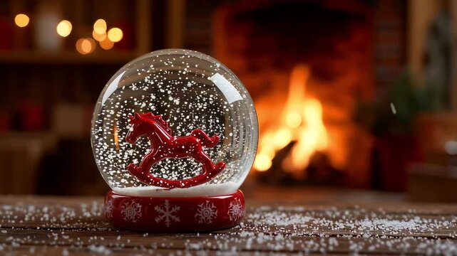 A Christmas glass snow globe with red ceramic rocking horse toy and snowflakes In the background is a cozy fireplace with a burning fire. Abstract Defocused Background