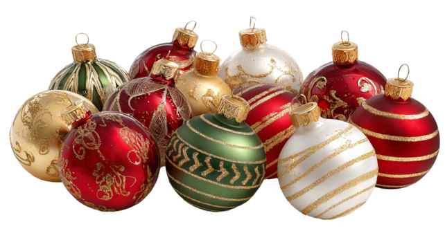 Festive christmas ornaments with glossy colorful baubles and shiny reflections in high resolution png style for holiday cards banners and winter decorations - Powered by Adobe