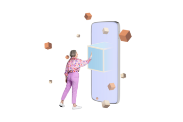 Collage image artwork poster of smiling happy successful woman touch modern device isolated on creative background