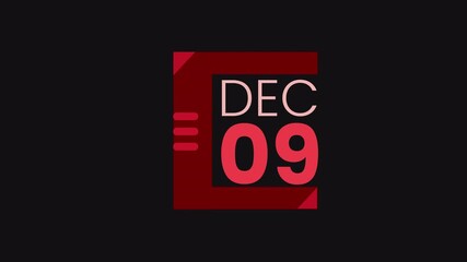 9th December calendar icon animation. Alpha matte with transparent background 4K resolution.