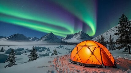 Witness the magic of the Northern Lights dancing above a cozy campsite in the snow-covered mountains, a stunning and unforgettable adventure under the aurora - Powered by Adobe