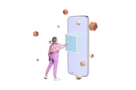 Collage image artwork poster of smiling happy successful woman touch modern device isolated on creative background