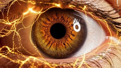 Stunning close-up of a human eye with shimmering digital network overlay, a modern vision of technology and human connection, beautiful and captivating - Powered by Adobe