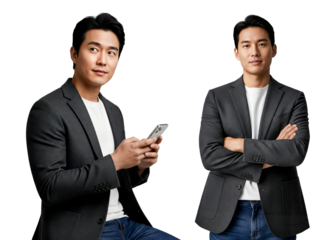 Man in blazer using smartphone, confident business casual portrait, arms crossed pose, blazer businessman, Isolated on transparent background, png