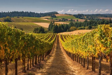 Fototapeta premium Willamette Valley Vineyards. Beautiful Day in Oregon's Dundee with Vibrant Vines in a Row