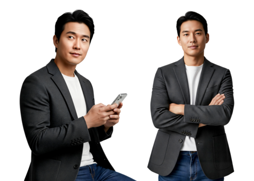 Man in blazer using smartphone, confident business casual portrait, arms crossed pose, blazer businessman, Isolated on transparent background, png
