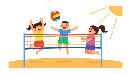 Beach Volleyball Fun: A group of joyful children are absorbed in a vibrant game of beach volleyball on a sunny day, their energy and laughter resonating with the spirit of leisure.