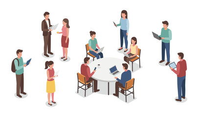 Diverse team collaboration in office setting with laptops and documents in isometric style