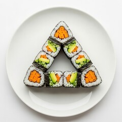 Triangle Sushi Composition: Vibrant Veggie Sushi on White Plate, Artistic Food Presentation, Triangle Pattern, Vegetarian Cuisine Arrangement, Delicious and Appetizing