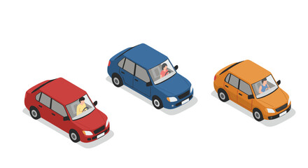 Colorful isometric car models with drivers on white background