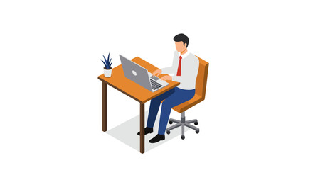 Fototapeta premium Isometric office worker at desk with laptop and plant