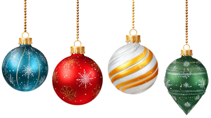 Four colorful christmas ornaments in varied shapes with shiny textures and vibrant reflections isolated in high resolution png style for christmas greeting cards banners and festive winter decoration 