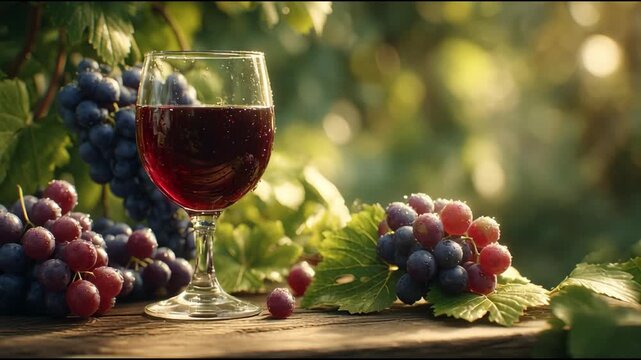 Ripe Grapevine with Glass of Grape Juice in Sunlight