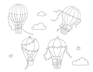 Outline illustration for coloring book. Hot air balloon with cute baby animals. Bear, bunny and fox line sketch for coloring book