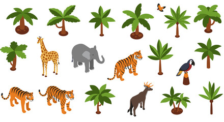 Obraz premium Isometric jungle animals and trees collection for creative projects