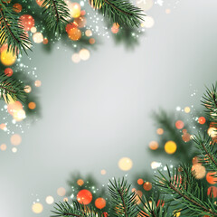 Festive winter background with green fir branches, glowing lights, and bokeh effects. Perfect for holiday design. Vector illustration. © Vjom