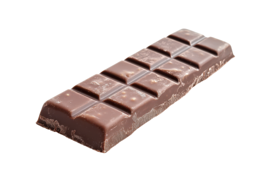 Dark chocolate bar with segmented squares isolated on transparent background. Protein bar isolated on white background.