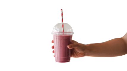 hand holding a refreshing milkshake with striped straw. Isolated on transparent background, png