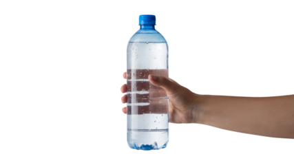 hand holding clear water bottle against the light . Isolated on transparent background, png