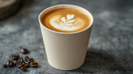 Delicious latte art in a takeaway cup with coffee beans on a textured surface. A beautifully crafted latte with intricate foam art sits in a paper cup, surrounded by coffee beans.