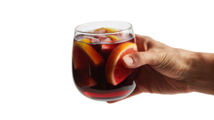Hand holding a glass of refreshing sangria with orange slices. Isolated on transparent background, png