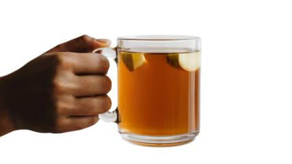 Hand holding a glass mug of warm apple cider. Isolated on transparent background, png