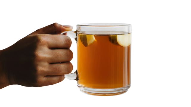 Hand holding a glass mug of warm apple cider. Isolated on transparent background, png