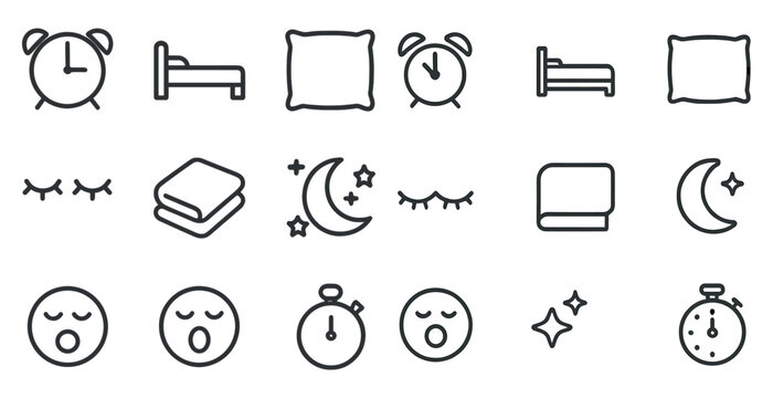 Sleep and relaxation outline icons set &ndash; linear, restful, bedtime symbols