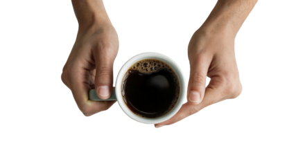 hands holding a coffee mug, capturing a moment of relaxation. Isolated on transparent background, png