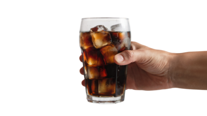 hand holding refreshing iced cola drink . Isolated on transparent background, png