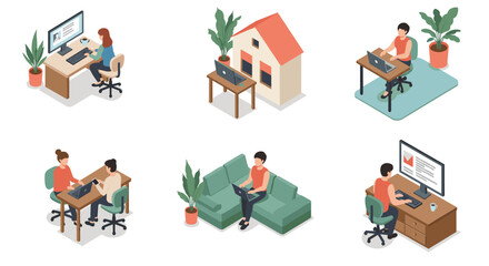 Isometric home office scenes with people working remotely at desks and laptops