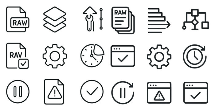 Data management outline icons set &ndash; linear, raw, file organization symbols