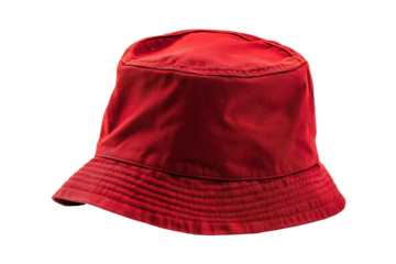 Red bucket hat with textured fabric isolated on transparent background. Red bucket hat isolated on white background.