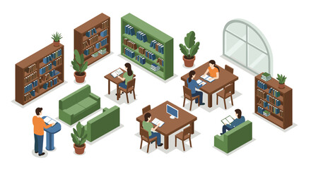 Naklejka premium Cozy library space with people studying in an isometric style interior design