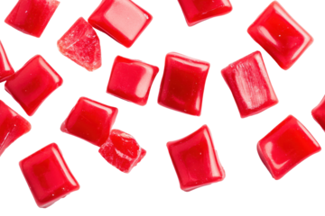 Pile of chewing gum isolated on transparent background. Red chewing gum pieces isolated on white background.