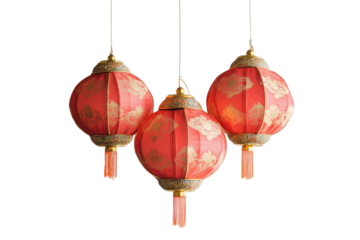 Red chinese lanterns hanging isolated on transparent background. Red chinese lanterns with gold accents hanging against a white background.
