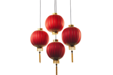 Red chinese lanterns hanging isolated on transparent background. Red chinese lanterns with gold accents hanging against a white background.