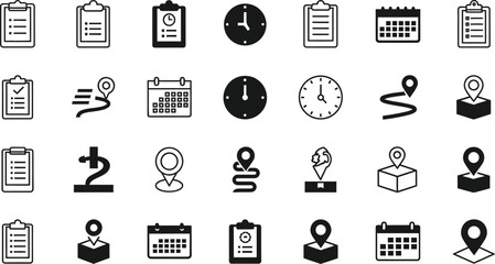 Collection of hand drawn doodle icons representing tasks time location and planning isolated on transparent background